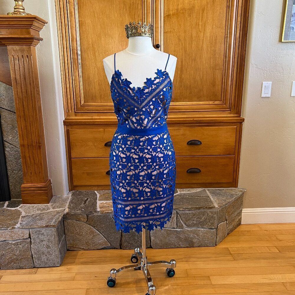 Adelyn Rae Colbalt Blue Nude Underlay Whitney Lace Sheath Cocktail Dress Size M